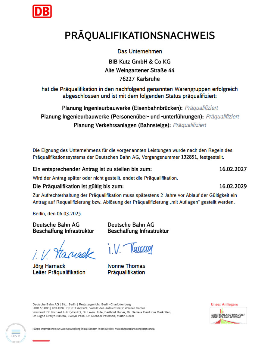 Präqualifikationsnachweis Leistungen Infrastrukturanlagen der Deutschen Bahn BIB Kutz - Präqualifikationsnachweis Leistungen Infrastrukturanlagen der Deutschen Bahn