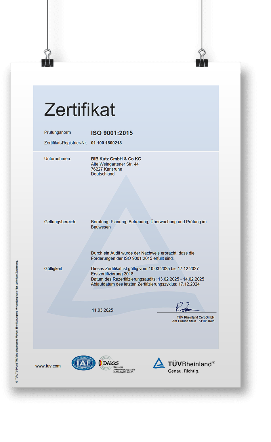 Zertifikat TÜV Rheinland ISO 9001:2015 BIB Kutz - Zertifikat TÜV Rheinland ISO 9001:2015