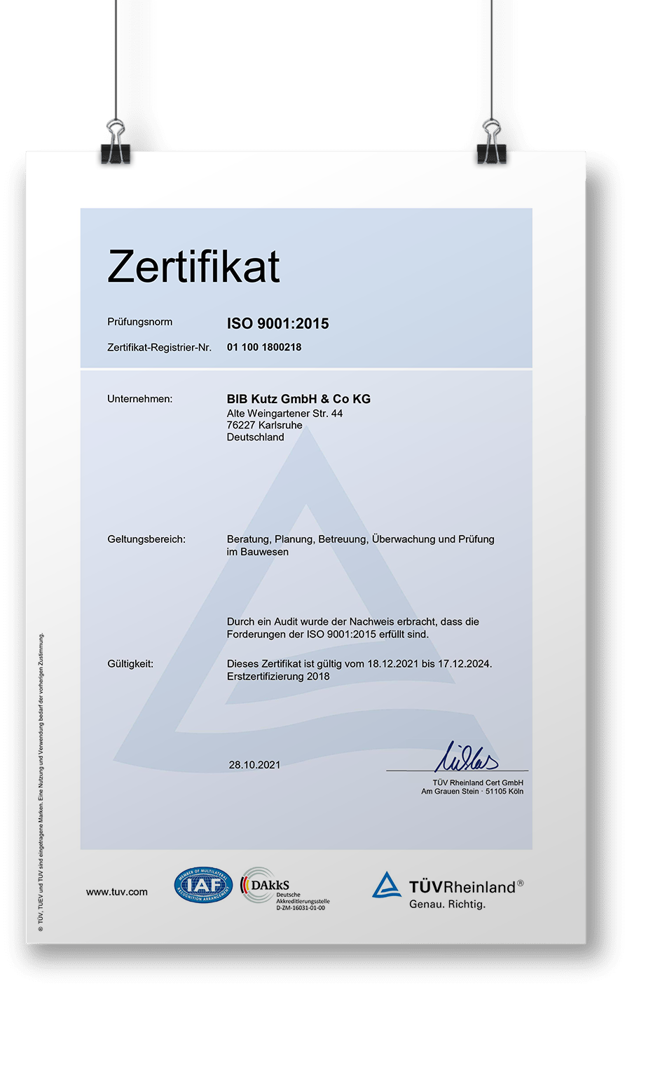 BIB Kutz - Zertifikat TÜV Rheinland ISO 9001:2015